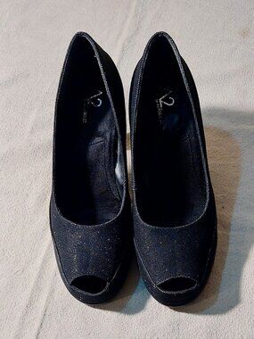 A2™ by Aerosoles® Black Glitter Big Ben Platform Peep Toe Pumps Size 8.5M